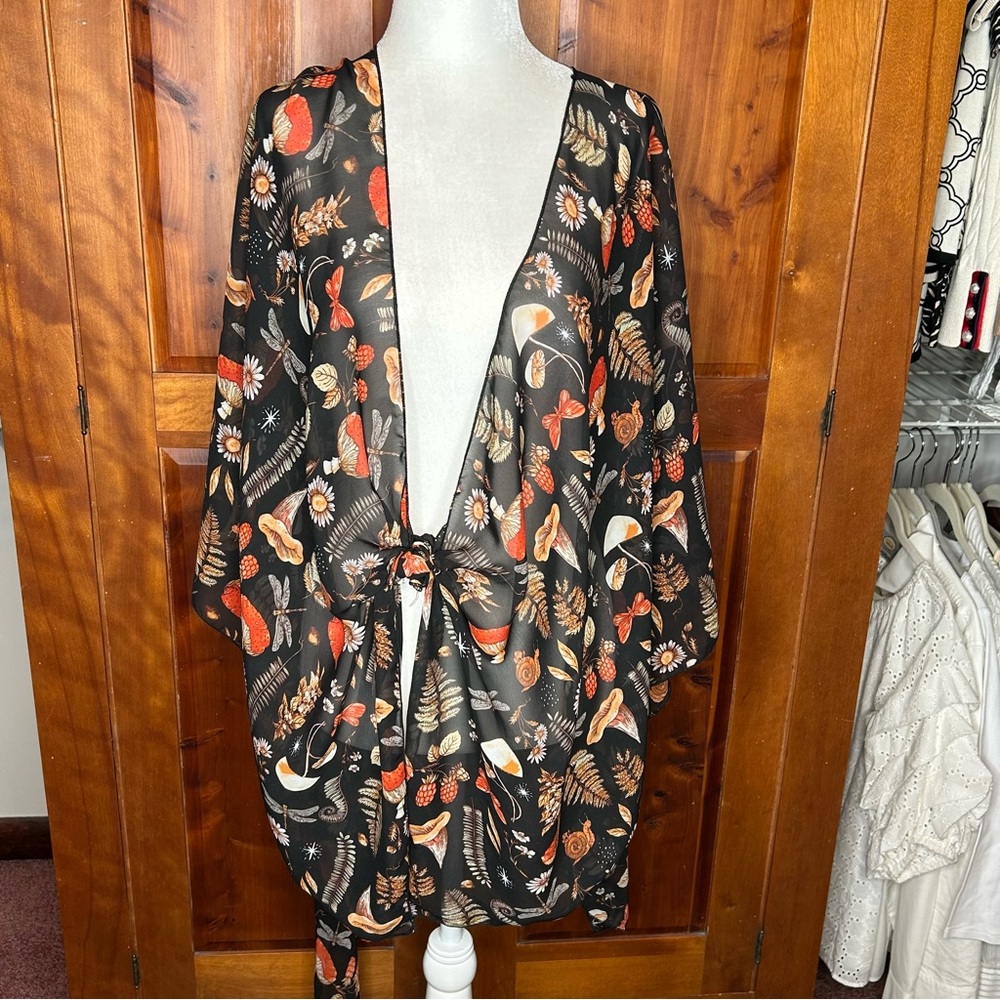 Earthbound Trading Woodland Mushroom Shawl Floral Fairycore Swim Coverup Sheer